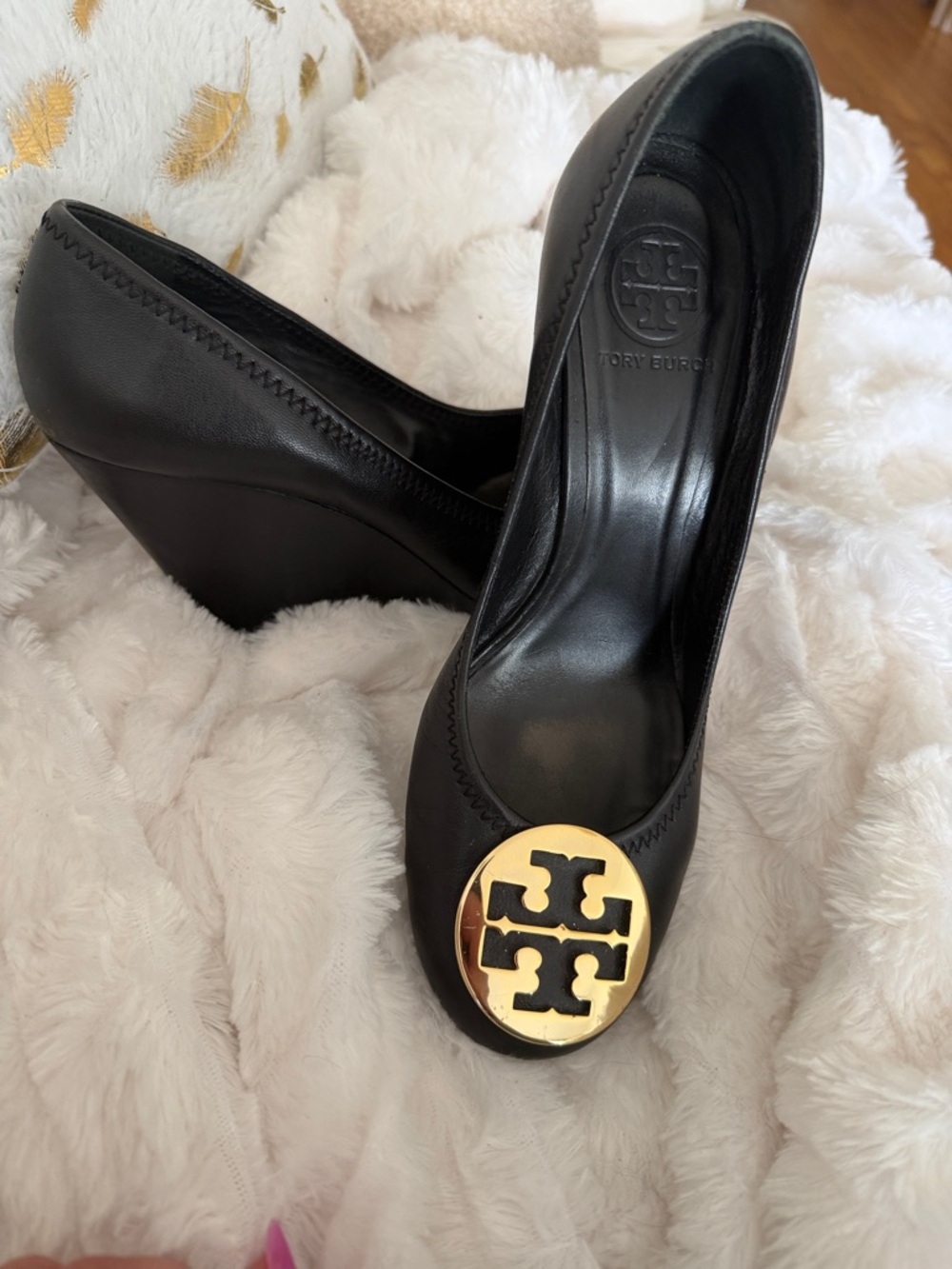 Tory Burch Black Leather Wedge Pumps with Gold Logo Medallion